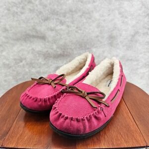 Airwalk Women's Pink Suede Moccasin Lounge Slippers‎ Faux Fur Lined Size 5.5 EUC